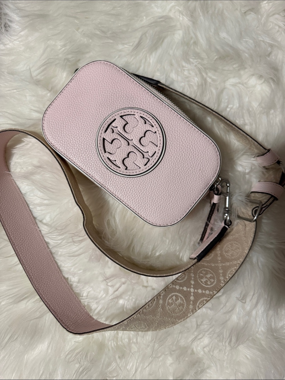 Tory Burch Light Pink Pebbled Leather Crossbody Camera Bag with Logo Medallion